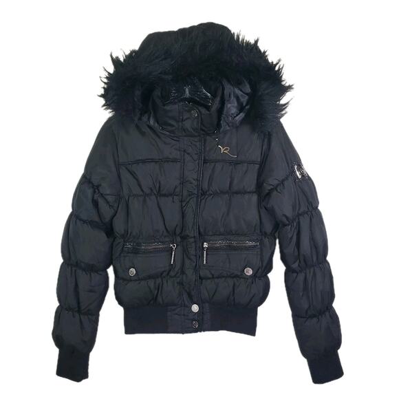Vtg Y2K Rocawear Black Embroidered Puffer Bomber Jacket Fur Hooded Sz Medium - Picture 1 of 16